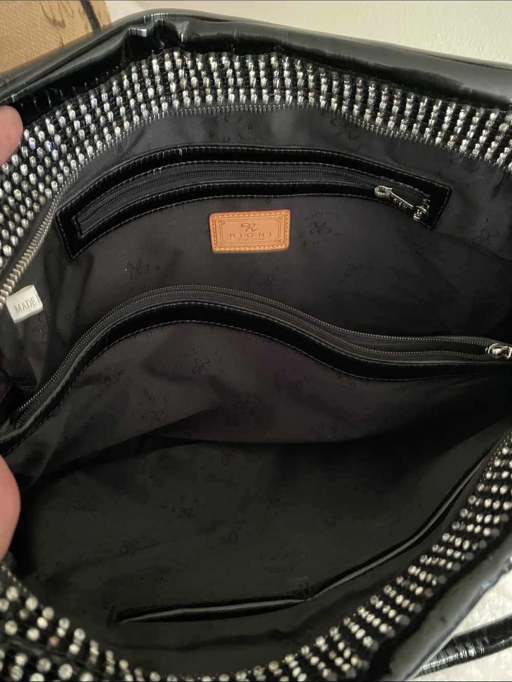 Rioni Studded Shoulder Tote in Glossy Black Patent Leather - Made in Italy - Picture 8 of 17